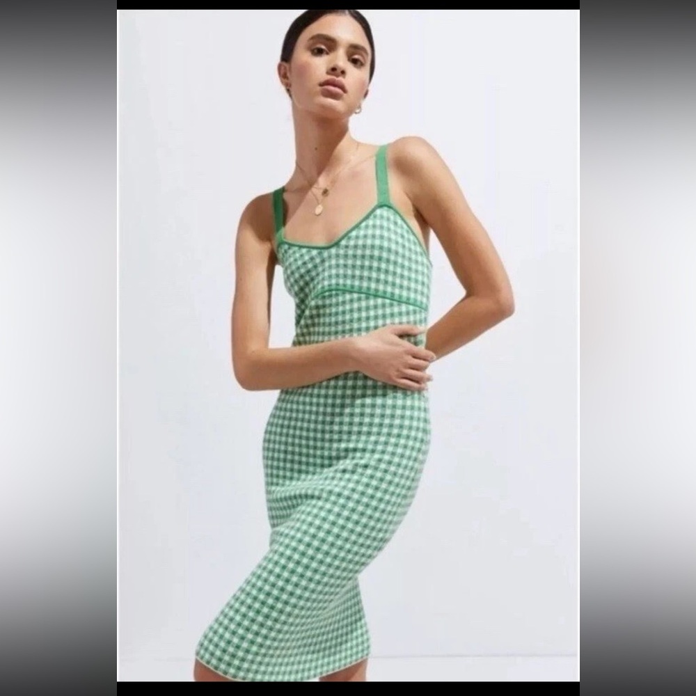 Anthropologie Maeve Green Gingham knit Women's Dress sz L